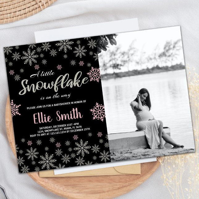 Convite Foto do Chá de fraldas de inverno Black Pink Silve (Black Pink Silver Winter Baby Shower Photo Invitation)