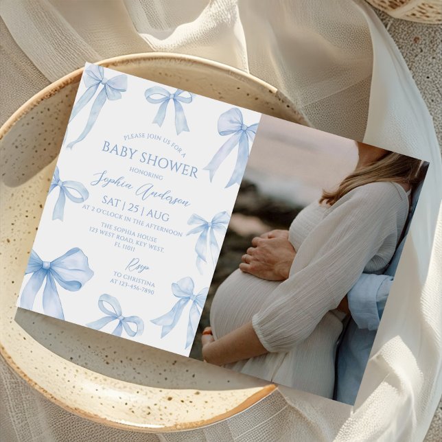 Convite Foto do Chá de fraldas do Arco Coquette Azul (Criador carregado)