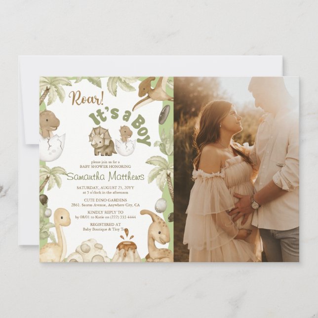 Convite Foto do Chá de fraldas 'É um Menino' do Dinossauro (Frente)