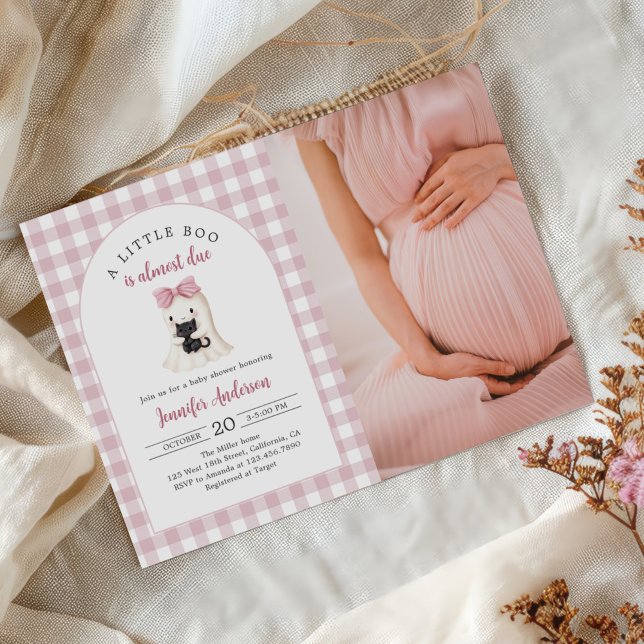 Convite Foto do Chá de fraldas Gingham Halloween Ghost Gir (Criador carregado)