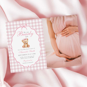Convite Foto do Chá de fraldas Gingham Teddy Bear, Arco ro