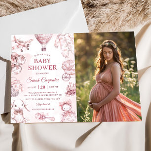 Convite Foto do Chá de fraldas Toile De Jouy Pink Girl