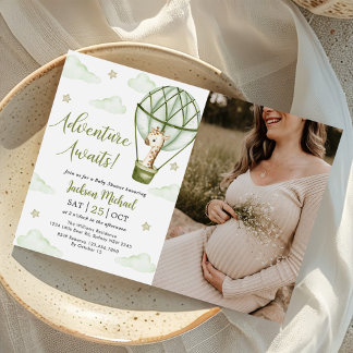 Convite Foto do Chá de fraldas Verde Giraffe Hot Air Ballo