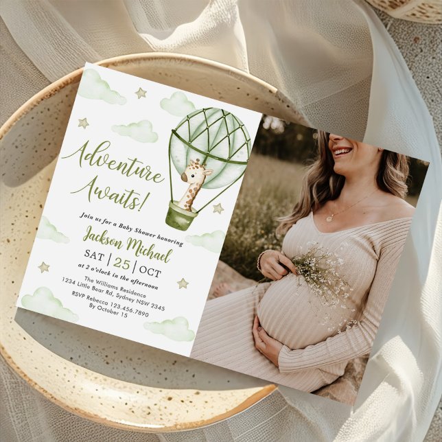 Convite Foto do Chá de fraldas Verde Giraffe Hot Air Ballo (Criador carregado)