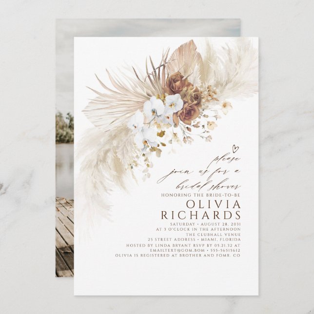 Convite Foto do Chá de panela Boho, Flores Brancas e Terre (Frente/Verso)