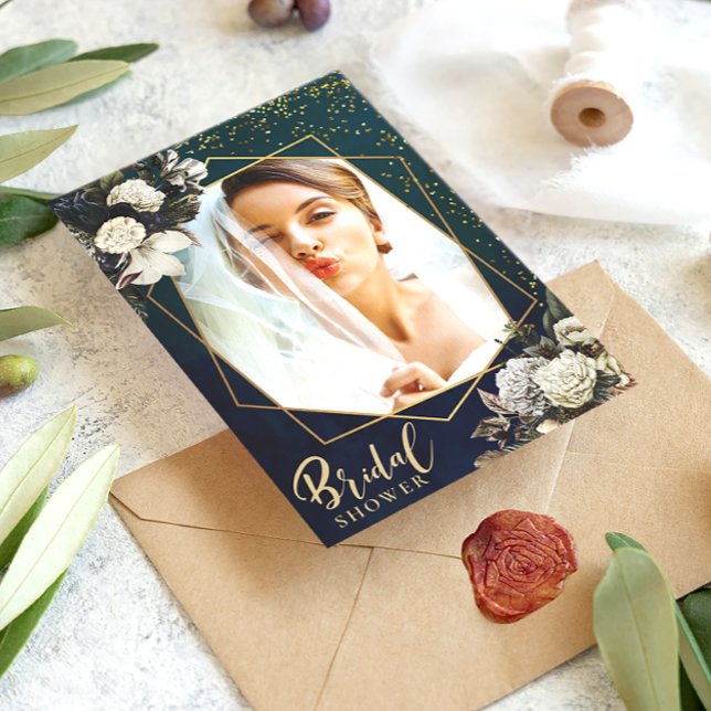 Convite Foto do Chá de panela Romântico Floral Dourado Wre (Criador carregado)