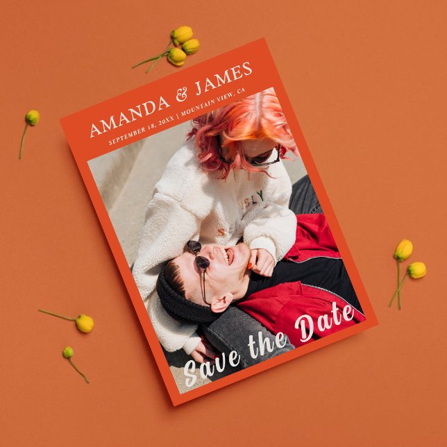 Convite Foto do Cheio Casal Laranja na moda para salvar a  (Criador carregado)