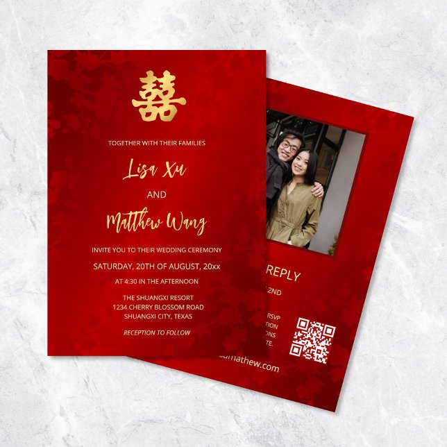 Convite Foto do código QR | Casamento chinês Dourado verme (Criador carregado)