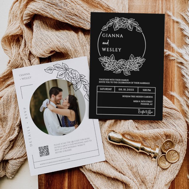 Convite Foto do código QR de Arte de Linha Mínima de Boho  (Criador carregado)