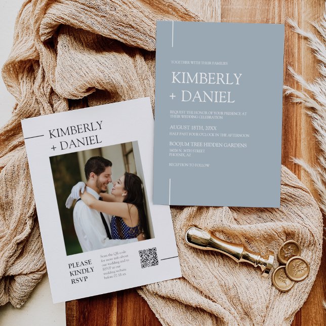 Convite Foto do Código QR de Casamento Mínimo do Dusty Blu (Criador carregado)