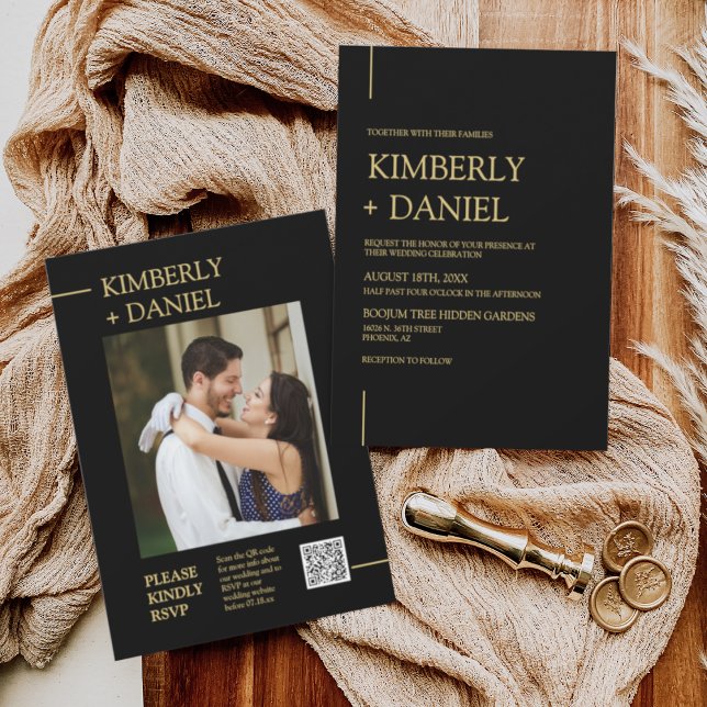 Convite Foto do Código QR de Casamento Mínimo Dourado Pret (Criador carregado)