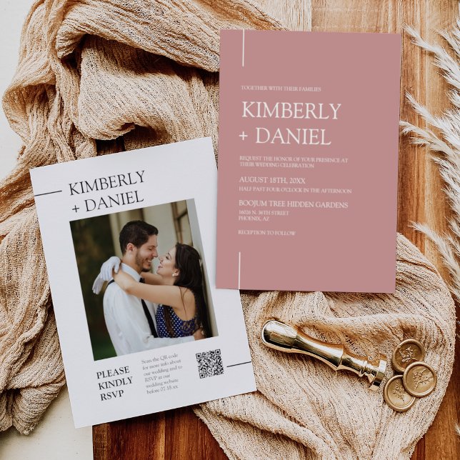 Convite Foto do Código QR de Casamento Mínimo Dusty Pink (Criador carregado)