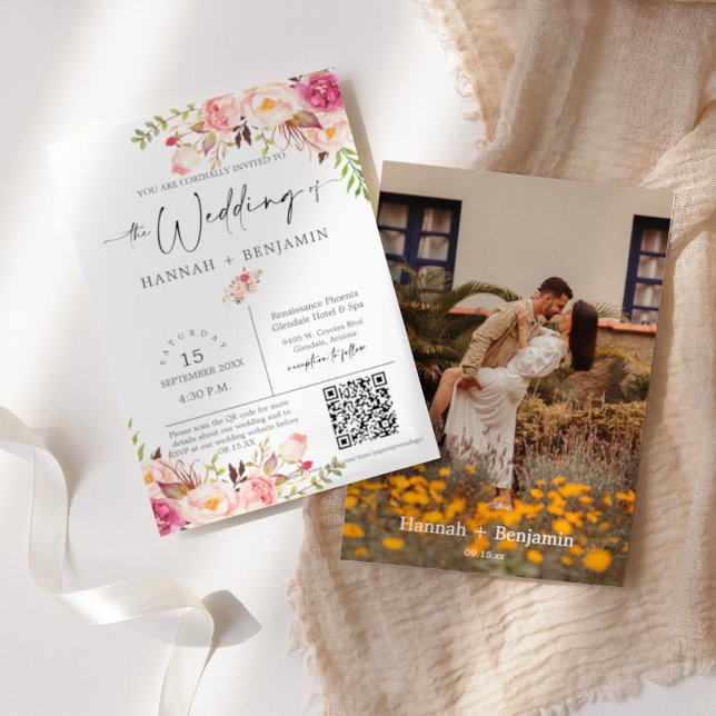 Convite Foto do Código QR de Script Mínimo Boho Floral Wed (Criador carregado)