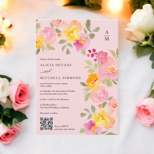 Convite Foto do código Qr do monograma floral blusa casame (Floral monogram chic Qr code photo blush wedding Invitation)