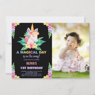 Convite Foto do Colour Floral Unicorn Birthday Invtions