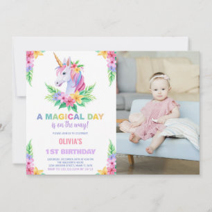 Convite Foto do Colour Floral Unicorn Birthday Invtions