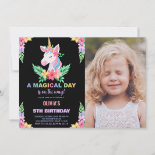 Convite Foto do Colour Floral Unicorn Birthday Invtions