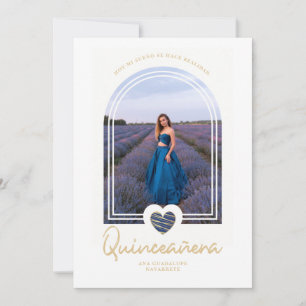 Convite Foto do Coração Azul Quinceañera, Marinho espanhol