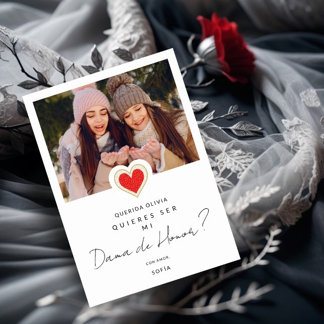 Convite Foto do Coração Vermelho Espanhol Dama de Honor Qu (Spanish Fancy Cute Photo Dama de Honor Quinceañera Red Heart Proposal Card. )