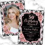 Convite Foto do Damask do rosa Dourado 50º aniversário<br><div class="desc">Elegante convite de 50 anos florais com sua foto no fundo do cartão. Design preto e cor-de-vidro com ouro rosa de brilho sujo. Apresenta cor damasco preta e branca, rosas cor-de-rosa pinceladas, fontes de script e confetti. Perfeito para uma festa de comemoração de na moda adulto. Personalize com seus próprios...</div>