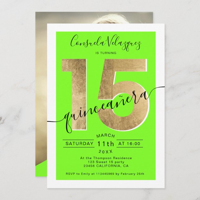 Convite foto do desenho chic neon green quinceanera (Frente/Verso)