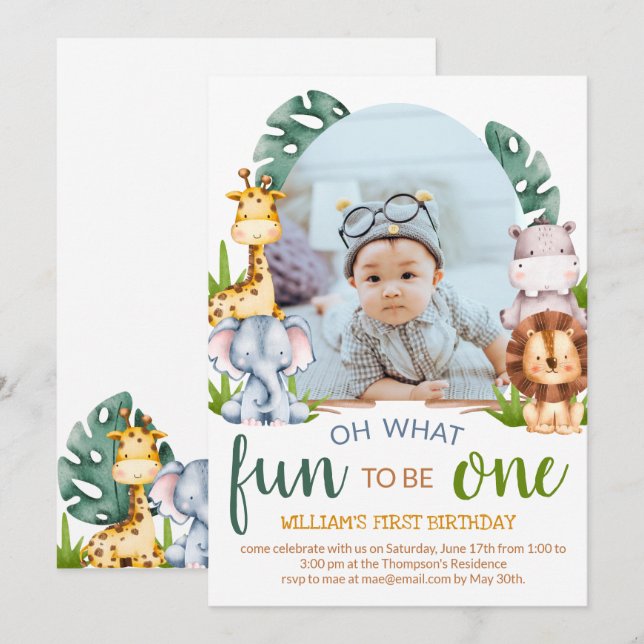 Convite Foto do Dia de Aniversário do Tema Animal Safari M (Frente/Verso)