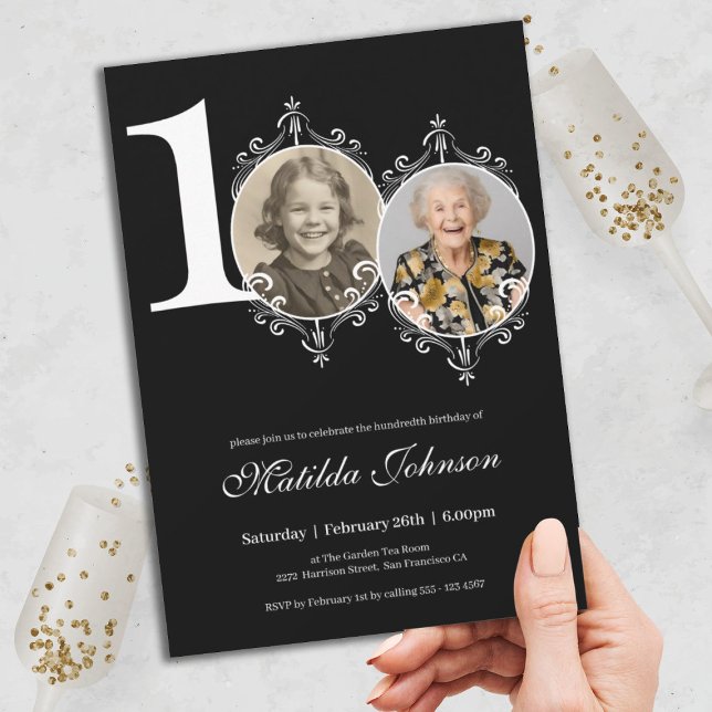 Convite Foto do Elegante Branco Negro 100º Aniversário (100th Birthday Elegant Black White Custom Photo Invitation)