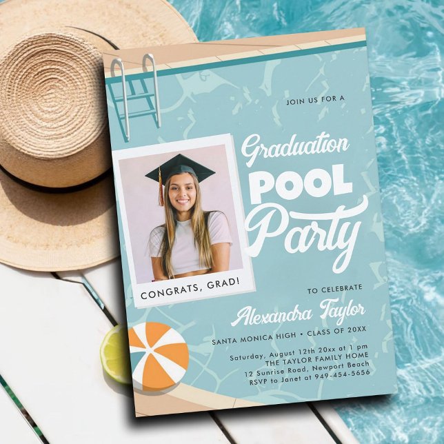 Convite Foto do Elegante de Verão Moderno do Partido da Pi (graduation pool party invitations grad photo template cards summer calligraphy modern teal elegant)