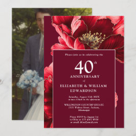 Convite Foto do Elegante Ruby Red Floral 40 anos