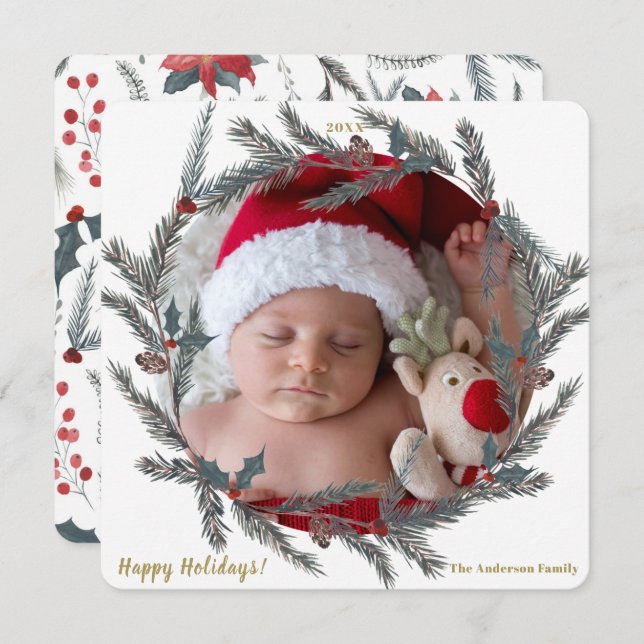 Convite Foto do Feriado de Férias do Wreath de Pine Botâni (Frente/Verso)