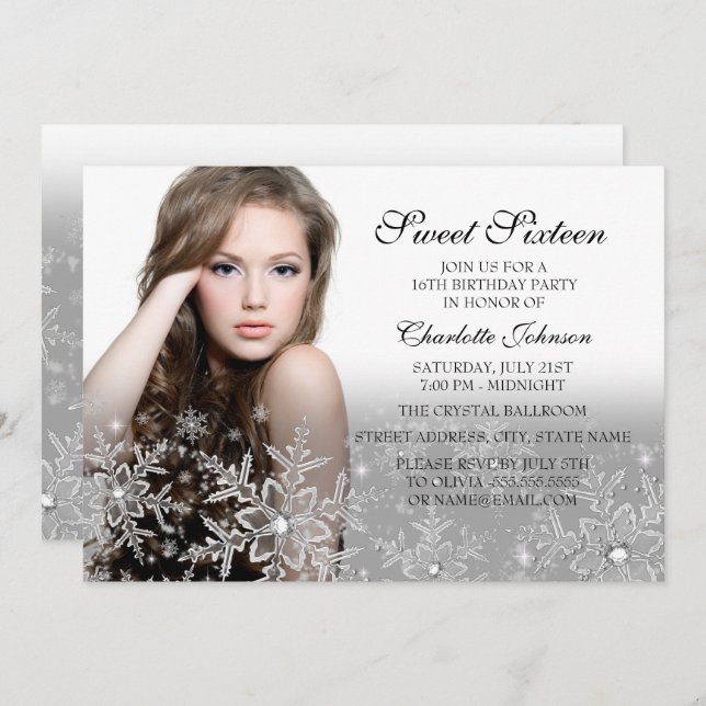 Convite Foto do Floco de Neve Silver Sparkle Sweet 16 (Frente/Verso)