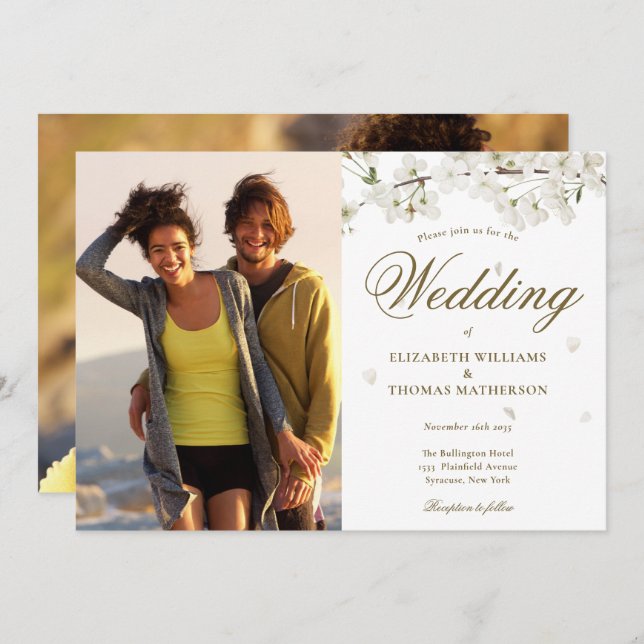 Convite Foto do Flor Branco do Script Dourado Elegante 2 (Frente/Verso)