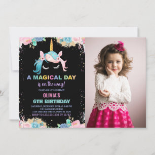 Convite Foto do Floral Gillter Unicorn Birthday Invtions