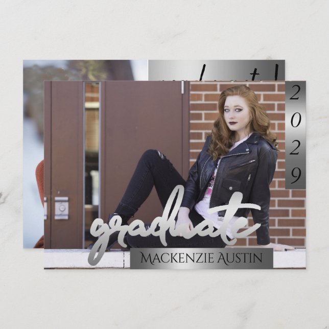 Convite Foto do formando 2 | Graduação de pincel de prata (Frente/Verso)