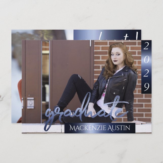 Convite Foto do formando 2 | Marinho Script Dark Blue Keep (Frente/Verso)