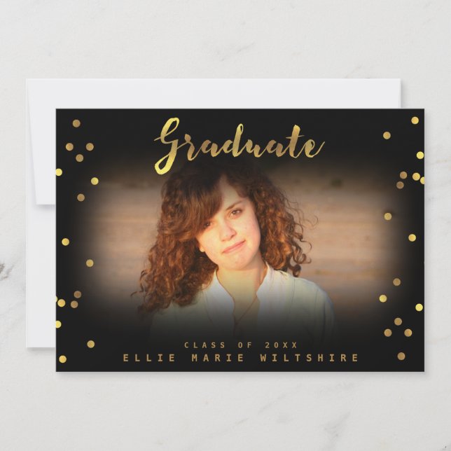 Convite Foto do Formando Faux Gold Foil Confetti do Script (Frente)