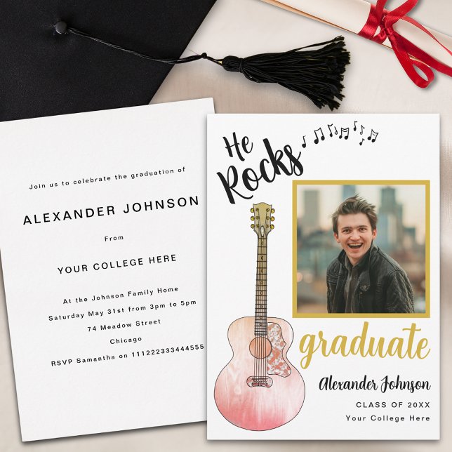 Convite Foto do Formando Moderno Ele Rocha Festa de format (Cool he rocks rustic guitar country music graduation party invitation with graduate photo template )