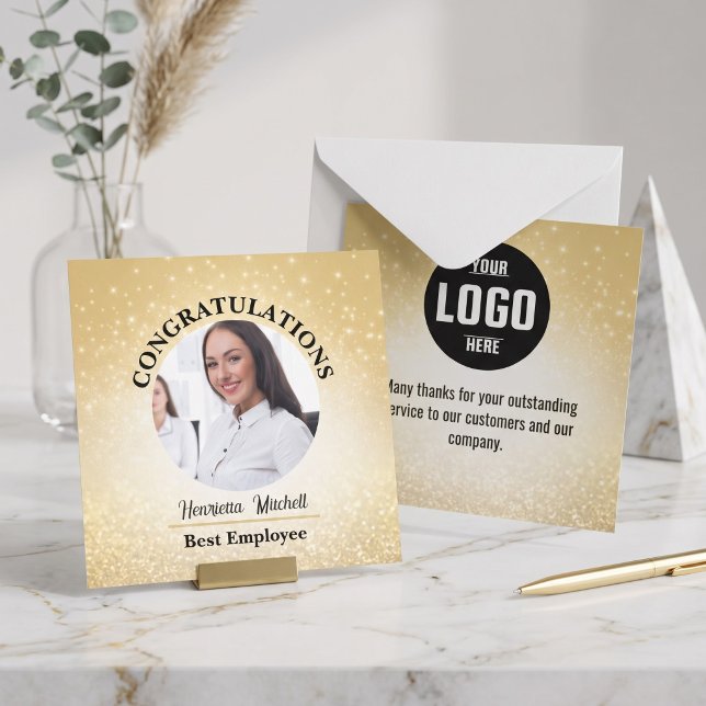 Convite Foto do Funcionário do Mês com Brilho Dourado  (Gold Sparkle Glitter Photo Employee of the Month Award Card Personalized Design)