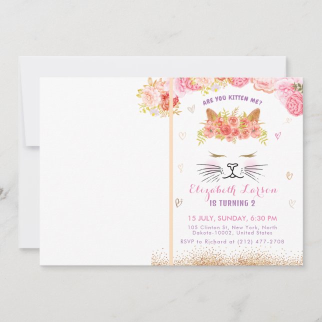 Convite Foto do Gatinho Floral Festa de Ouro para Crianças (Frente)