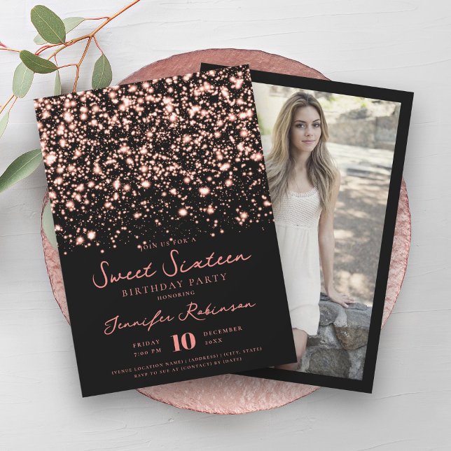 Convite Foto do Glam da Meia-Noite de rosa Dourado Sweet 1 (Rose Gold Midnight Glam Photo Sweet 16 Invitation)