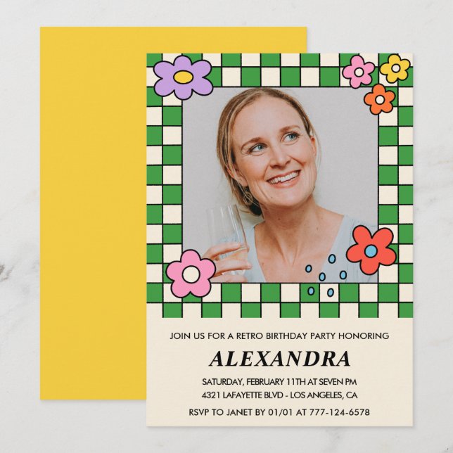 Convite Foto do Groovy das Flores Retro 42 anos (Frente/Verso)