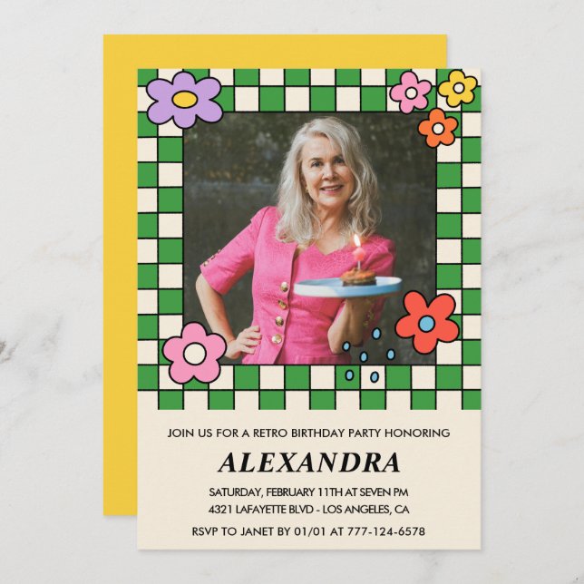 Convite Foto do Groovy das Flores Retro, 73.º aniversário (Frente/Verso)