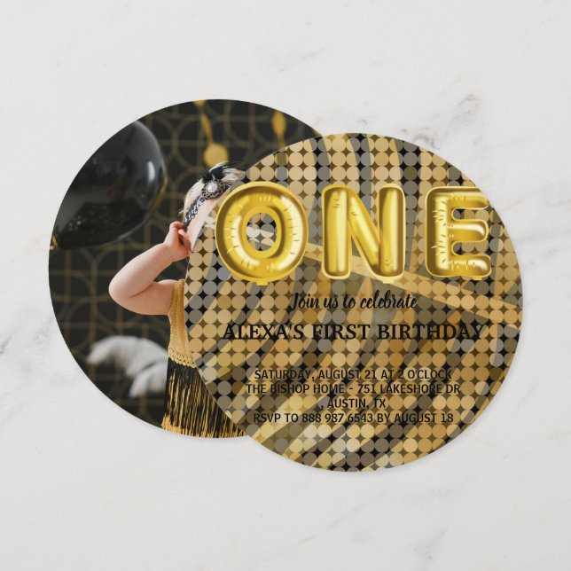 Convite Foto do Luxury Aniversário de disco Dourado e negr (Frente/Verso)