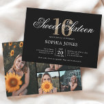Convite Foto do Luxury Elegante Black Sweet 16<br><div class="desc">Celebre com estilo este luxuoso e elegante convite do Sweet 16. No topo, o título "Doce Dezesseis" é escrito em uma escrita graciosa, que elegantemente sobrepõe o número 16 em uma fonte serif alta e sofisticada. Essa design exude um senso de opulência e refinamento, perfeito para marcar um marco tão...</div>