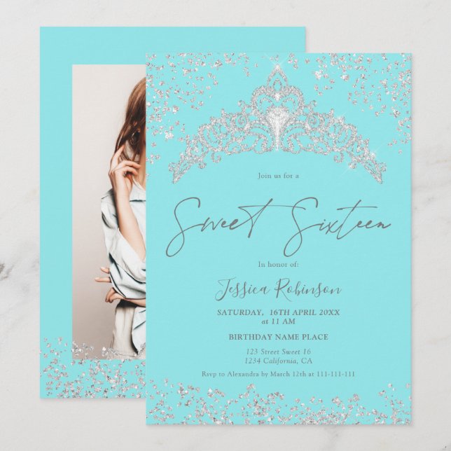 Convite Foto do marinho da princesa tiara, dourada 16 Doce (Frente/Verso)