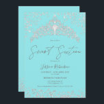 Convite Foto do marinho da princesa tiara, dourada 16 Doce<br><div class="desc">A princesa chica tiara coroa coroa em forma de cintilação prateada e foto azul-lacre Doce 16 festa de aniversário,  com caligrafia com script chic. Adicione sua foto atrás. Entre em contato comigo para mudar a fonte principal.</div>