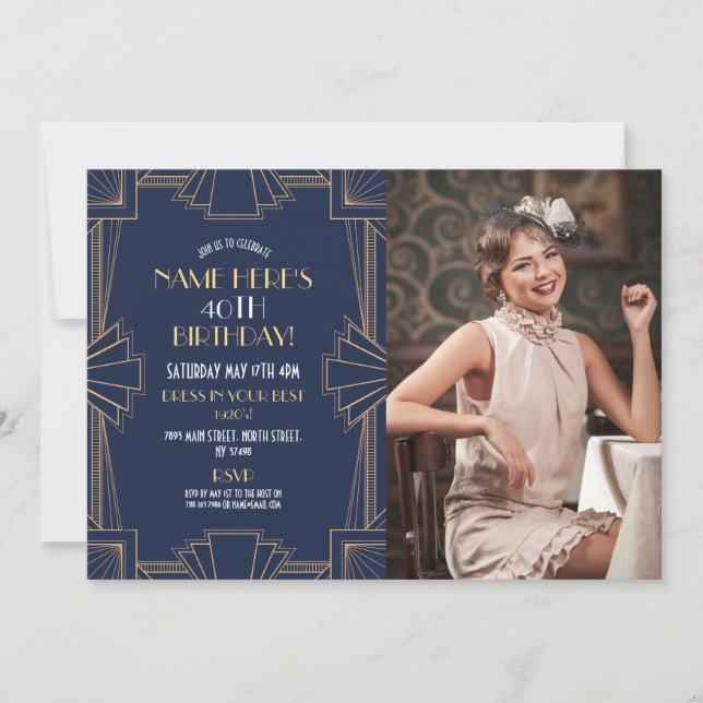 Convite Foto do Marinho do partido Art Deco Birthday Gatsb (Frente)