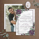 Convite Foto do Mármaco de Aquarela Verde Purple Emerald<br><div class="desc">Crie o convite perfeito para a queda ou casamento no inverno com este design de tendência com elementos botânicos florais e verdes esmeraldas, moldura púrpura de ameixa e fundo mármore faux carrera. A parte de trás do convite apresenta a sua fotografia de noivado favorita. Entre em contato com o designer...</div>