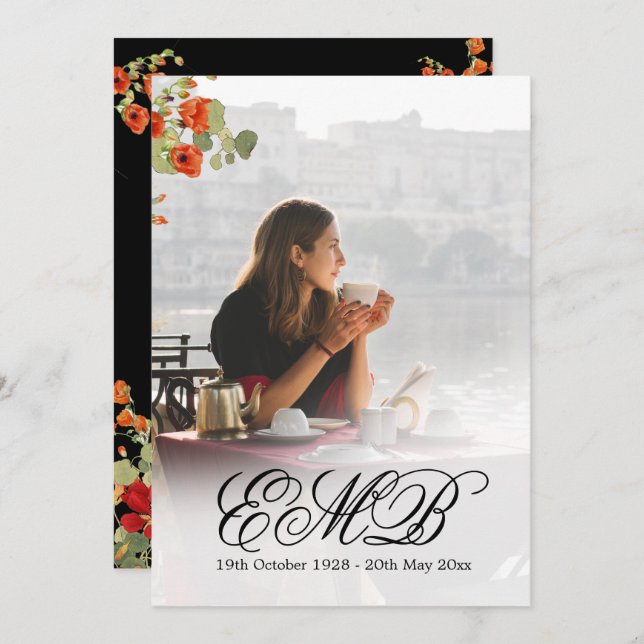 Convite Foto do Memorial Funeral Celebração Floral Black (Frente/Verso)