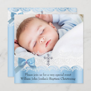 Convite Foto do Menino Batismo Blue White Lace Jewel Cross